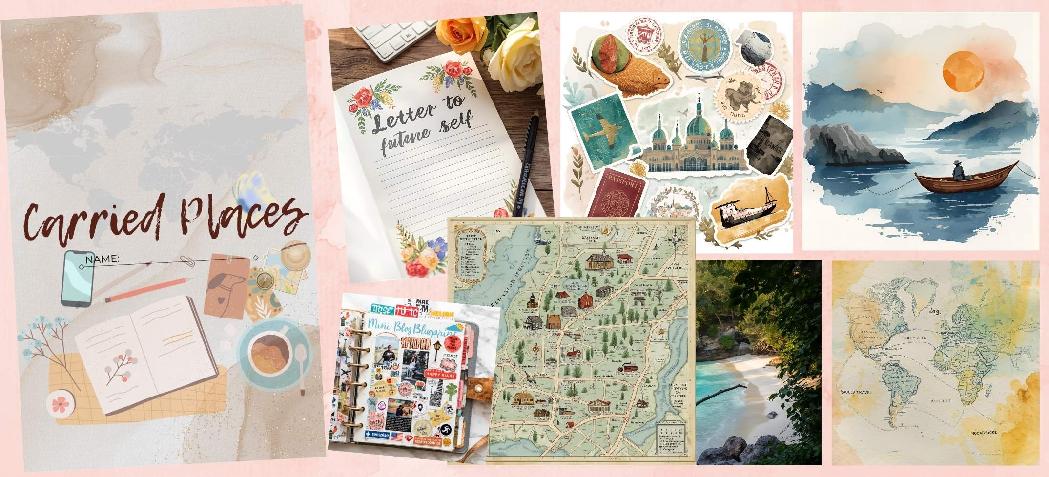 Tita M Wanders' printable mini Travel Memory Kit, CARRIED PLACES, includes poetic prompts, story map, and blog blueprint.
